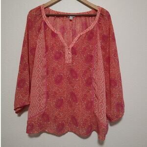 American Eagle Pink Floral Sheer 3/4 Sleeve Sweetheart Neckline Shirt Size XL